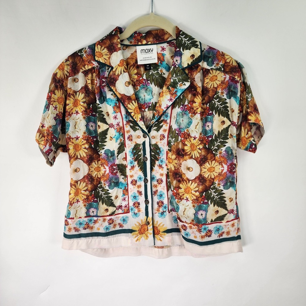 Anthropologie Moxy Collective Top Womens XXS Floral Crop Utton Up Boho Festival